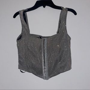 MISSGUIDED US SIZE 4 CORSET STYLE SILVER SPARKLE CROPPED TOP